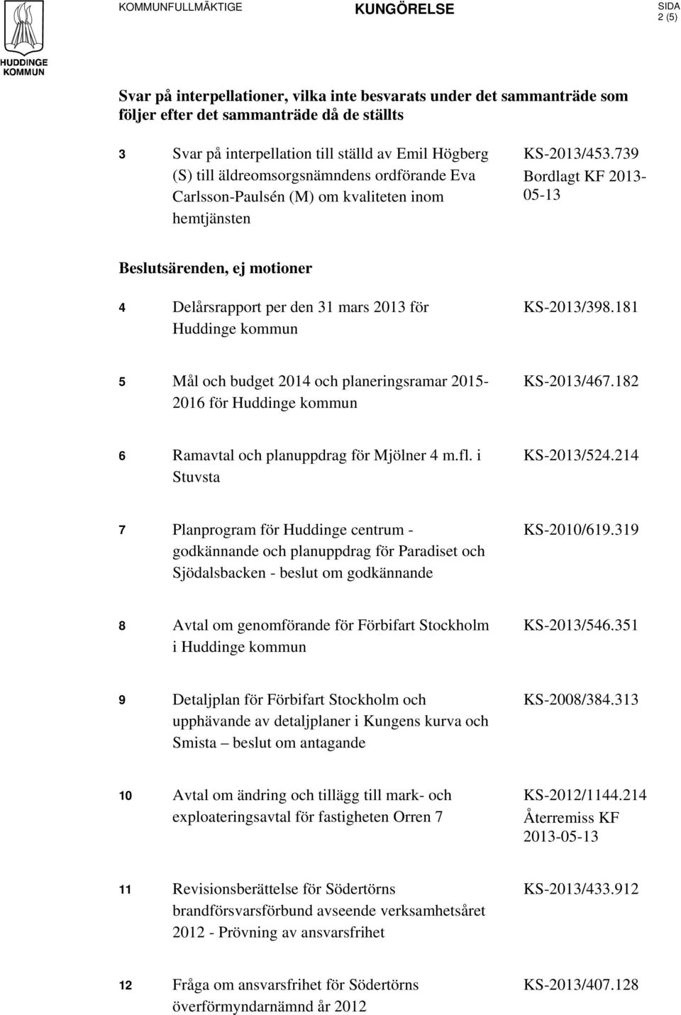 739 Bordlagt KF 2013-05-13 Beslutsärenden, ej motioner 4 Delårsrapport per den 31 mars 2013 för Huddinge kommun KS-2013/398.