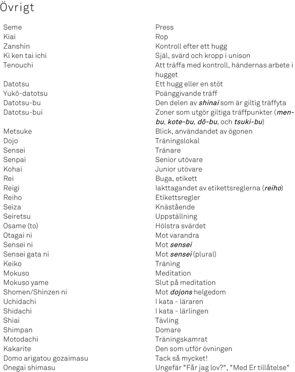 unison Att träffa med kontroll, händernas arbete i hugget Ett hugg eller en stöt Poänggivande träff Den delen av shinai som är giltig träffyta Zoner som utgör giltiga träffpunkter (menbu, kote-bu,