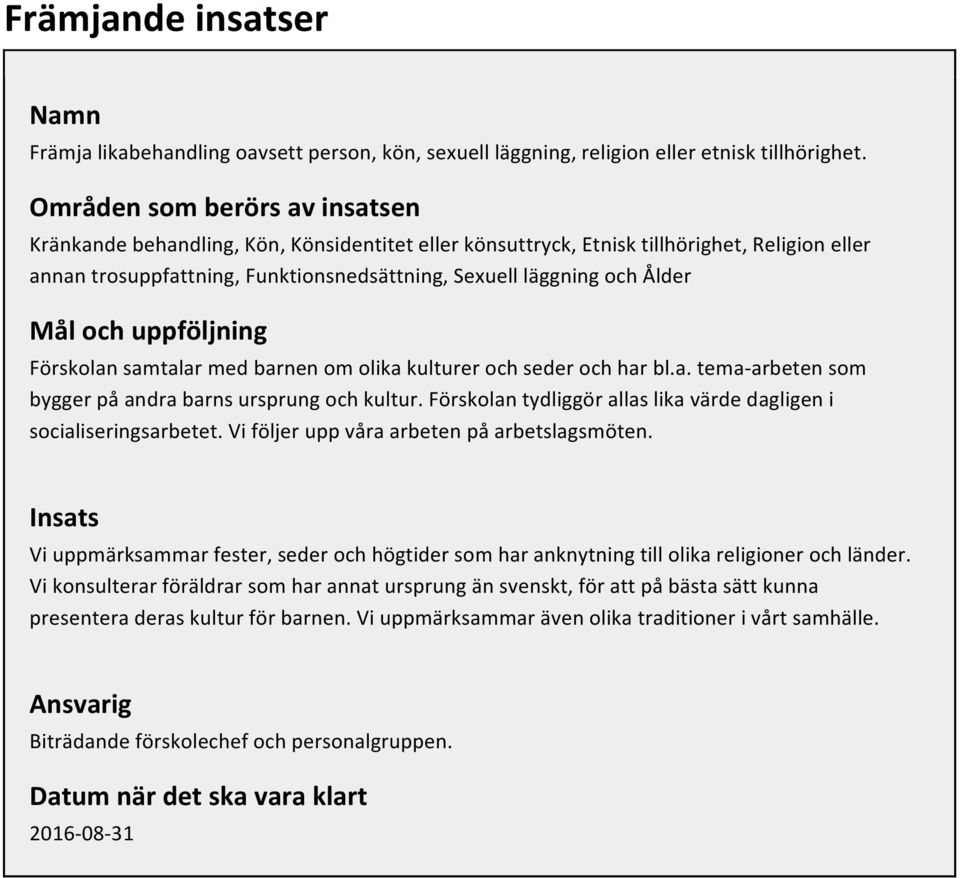 Mål och uppföljning Förskolan samtalar med barnen om olika kulturer och seder och har bl.a. tema-arbeten som bygger på andra barns ursprung och kultur.