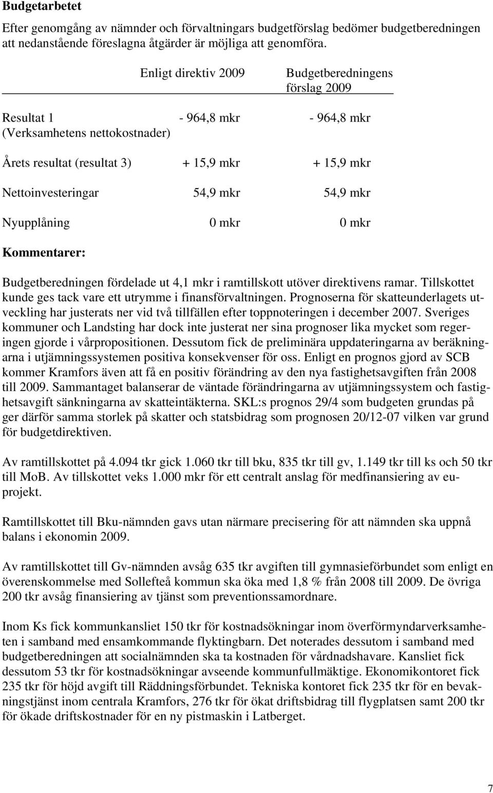 mkr Nyupplåning 0 mkr 0 mkr Kommentarer: Budgetberedningen fördelade ut 4,1 mkr i ramtillskott utöver direktivens ramar. Tillskottet kunde ges tack vare ett utrymme i finansförvaltningen.