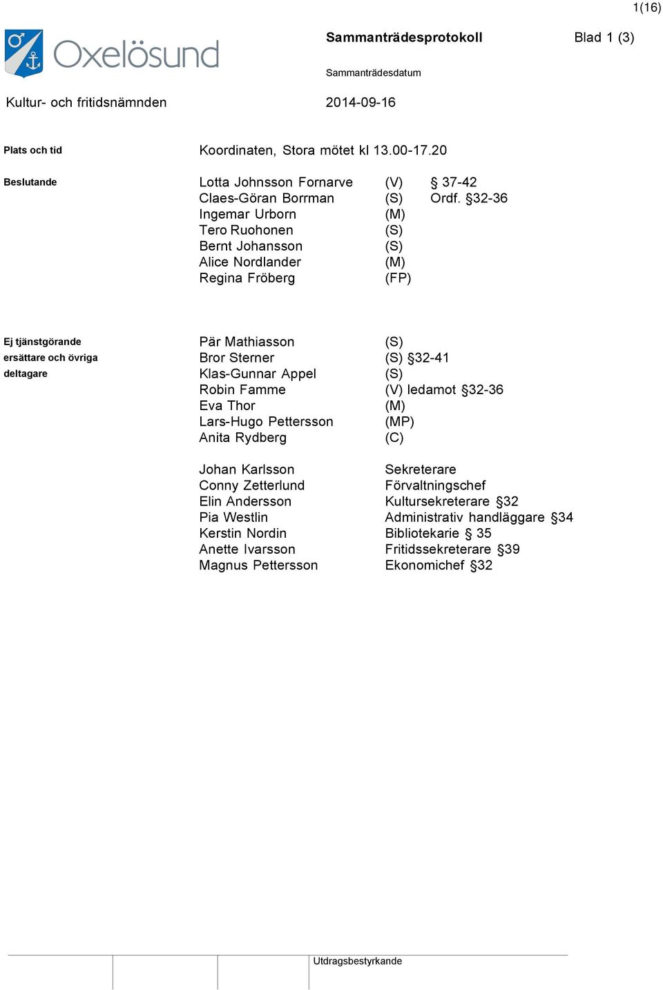 32-41 deltagare Klas-Gunnar Appel (S) Robin Famme (V) ledamot 32-36 Eva Thor (M) Lars-Hugo Pettersson (MP) Anita Rydberg (C) Johan Karlsson Conny Zetterlund Elin Andersson Pia