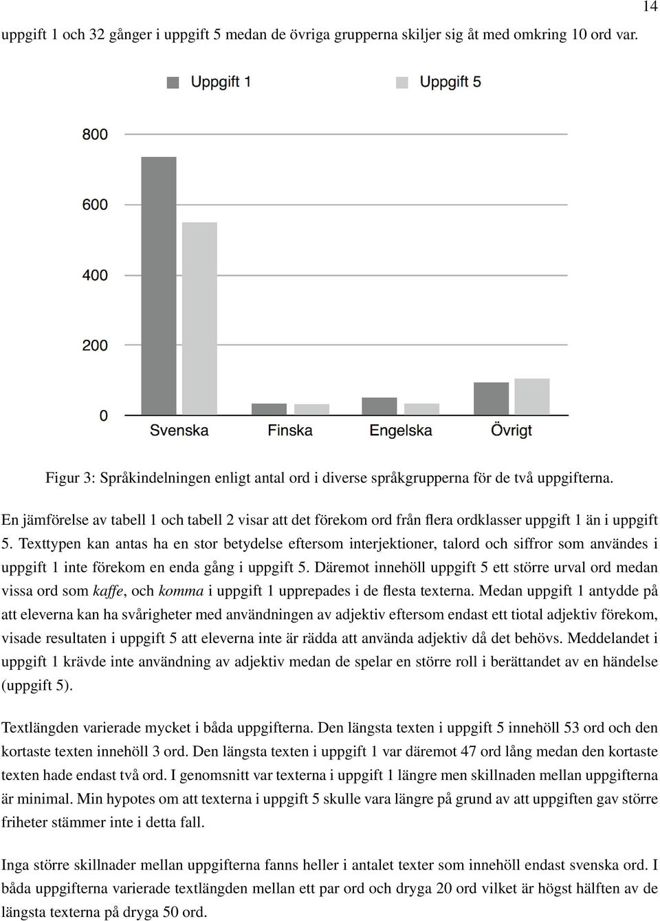 Texttypen kan antas ha en stor betydelse eftersom interjektioner, talord och siffror som användes i uppgift 1 inte förekom en enda gång i uppgift 5.