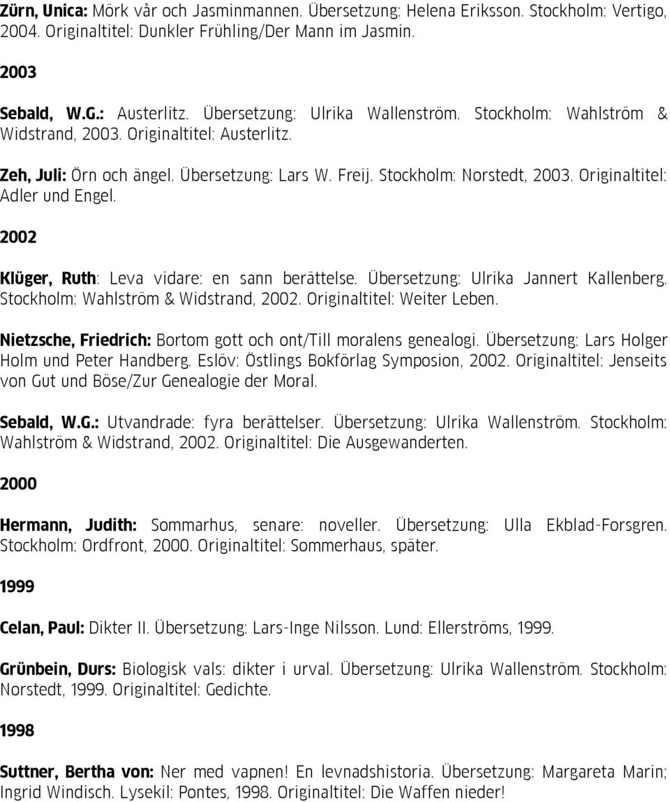 Originaltitel: Adler und Engel. 2002 Klüger, Ruth: Leva vidare: en sann berättelse. Übersetzung: Ulrika Jannert Kallenberg. Stockholm: Wahlström & Widstrand, 2002. Originaltitel: Weiter Leben.