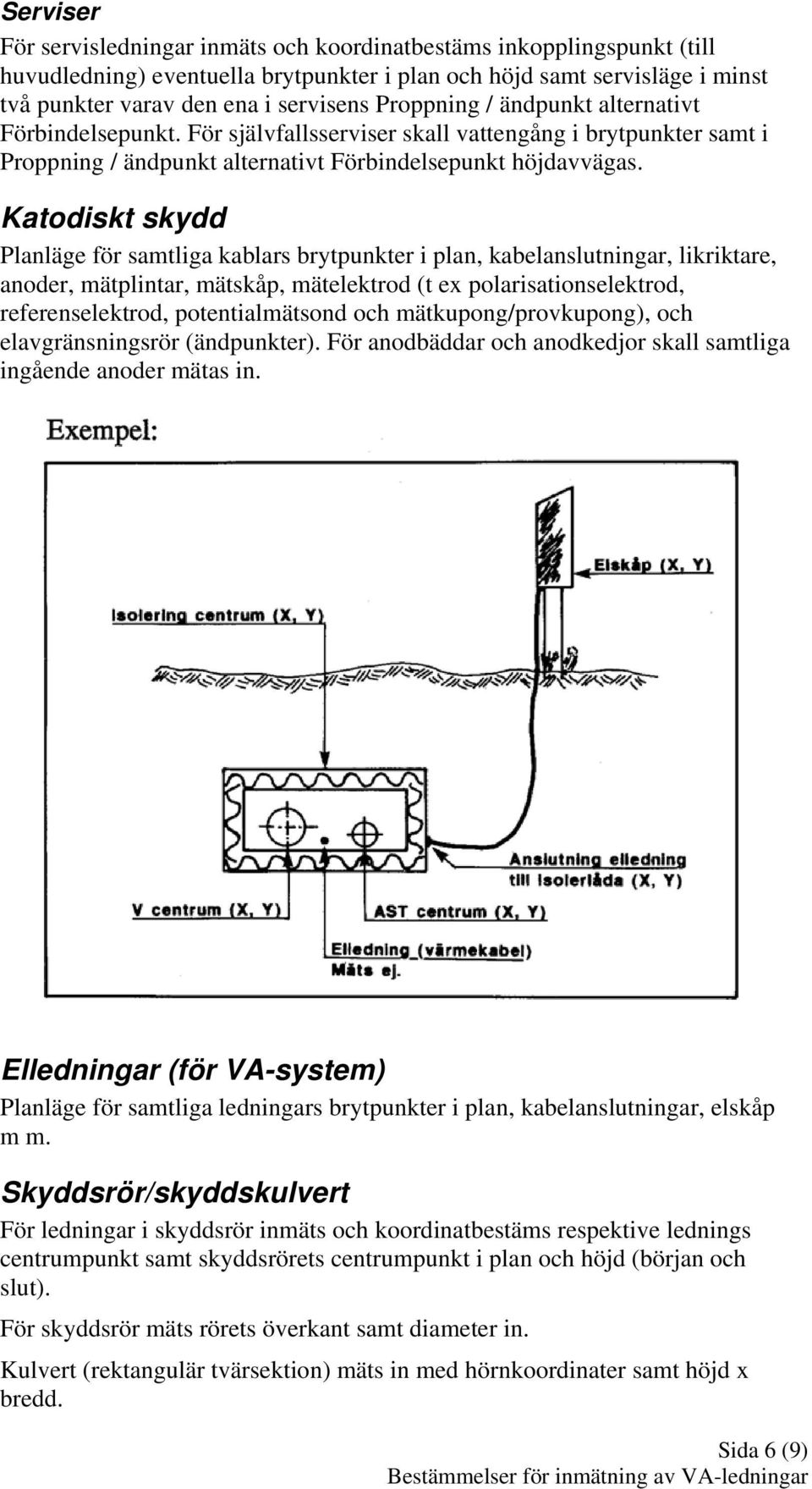 Katodiskt skydd Planläge för samtliga kablars brytpunkter i plan, kabelanslutningar, likriktare, anoder, mätplintar, mätskåp, mätelektrod (t ex polarisationselektrod, referenselektrod,