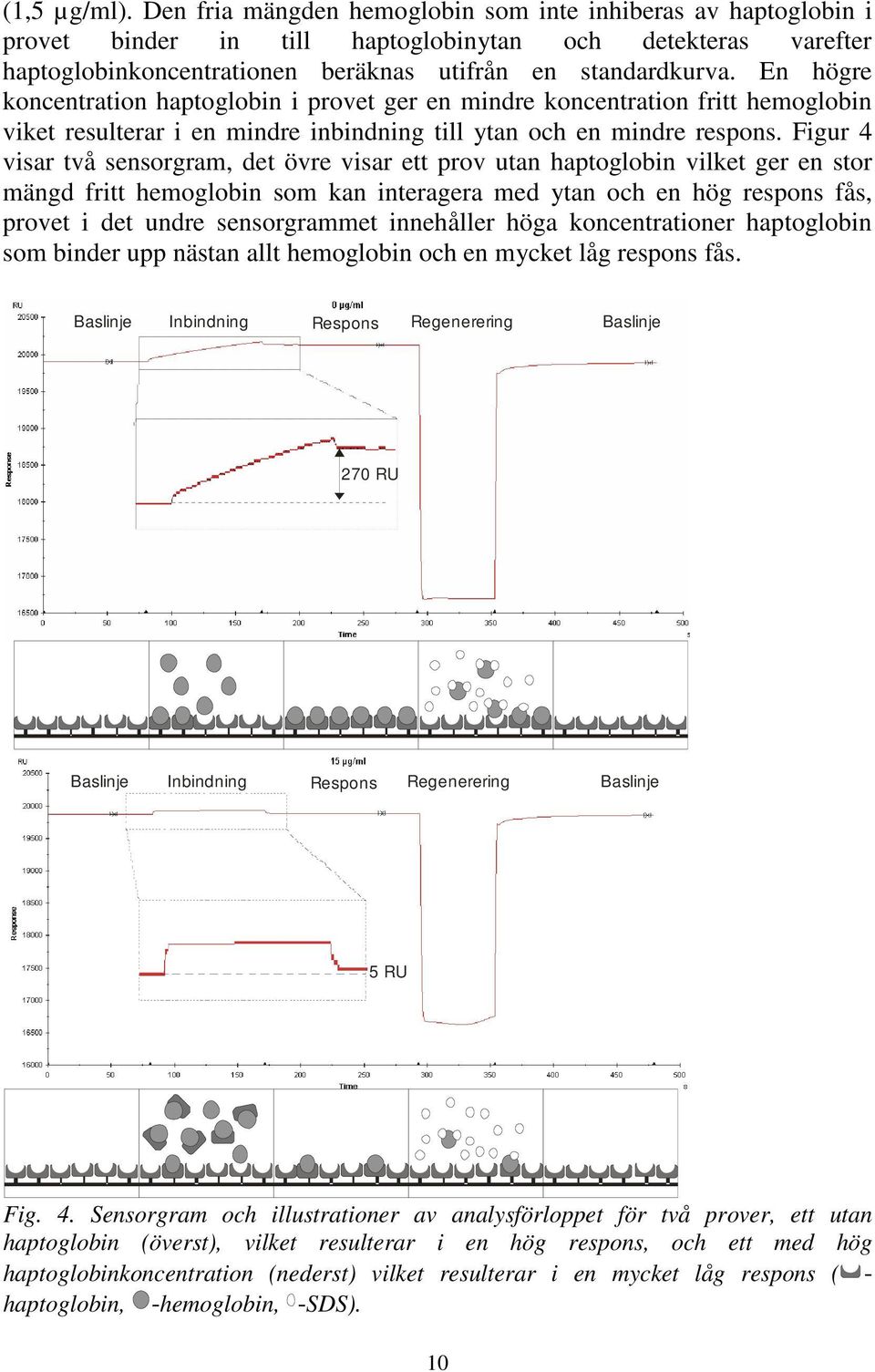 Figur 4 visar två sensorgram, det övre visar ett prov utan haptoglobin vilket ger en stor mängd fritt hemoglobin som kan interagera med ytan och en hög respons fås, provet i det undre sensorgrammet