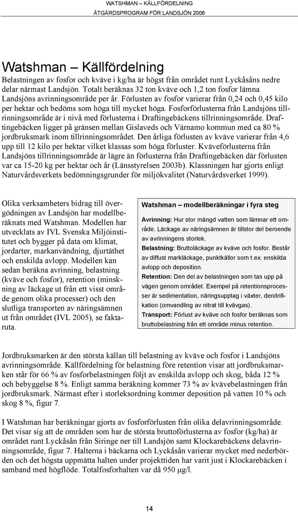 Fosforförlusterna från Landsjöns tillrinningsområde är i nivå med förlusterna i Draftingebäckens tillrinningsområde.