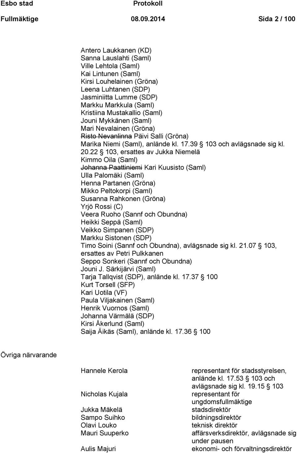 Kristiina Mustakallio (Saml) Jouni Mykkänen (Saml) Mari Nevalainen (Gröna) Risto Nevanlinna Päivi Salli (Gröna) Marika Niemi (Saml), anlände kl. 17.39 103 och avlägsnade sig kl. 20.