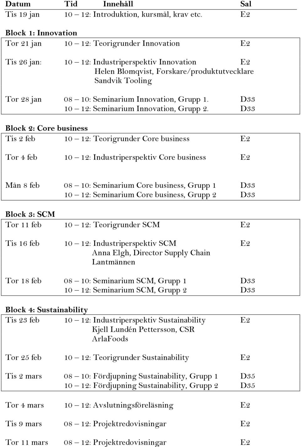 Seminarium Innovation, Grupp 1. D33 10 12: Seminarium Innovation, Grupp 2.