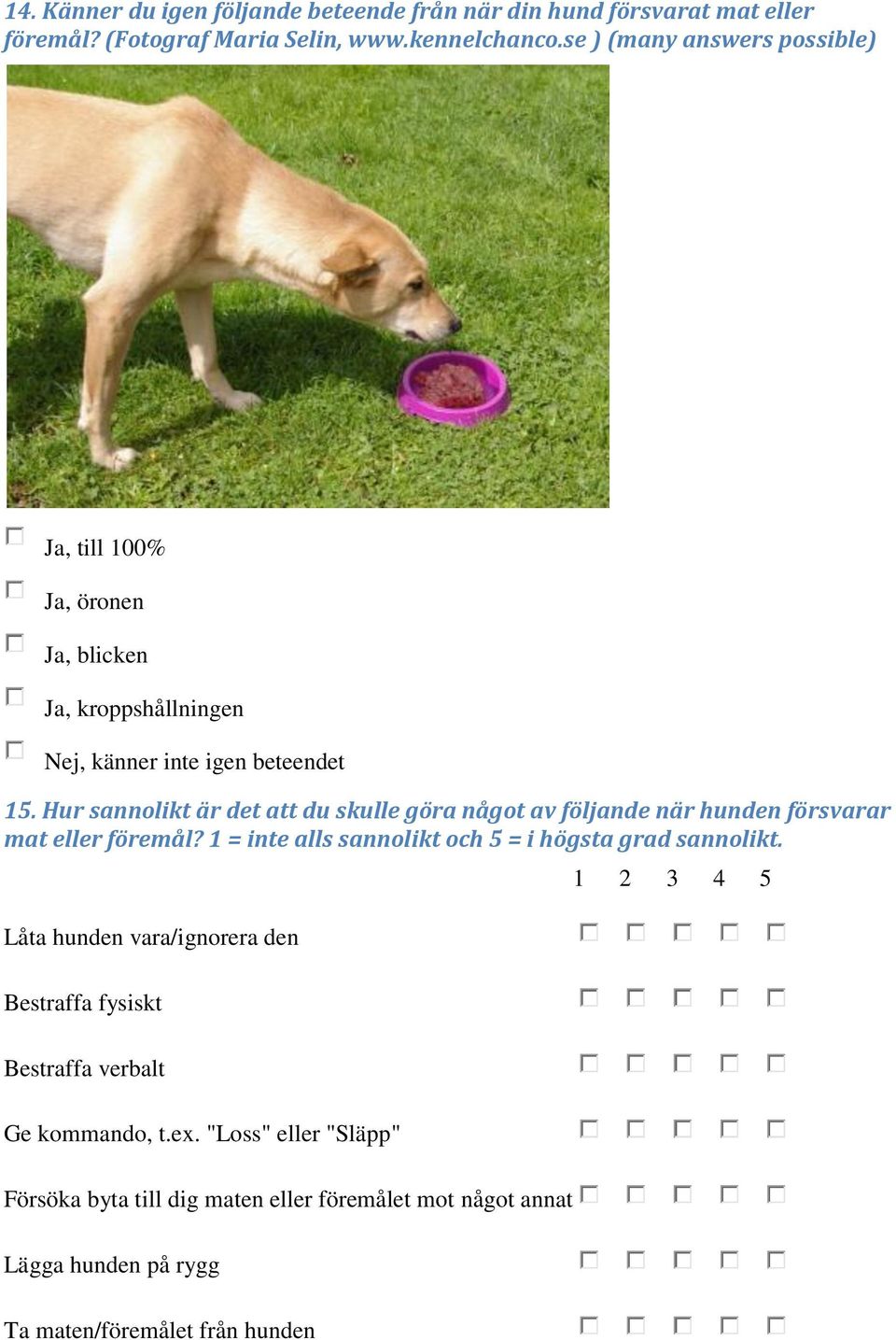 Hur sannolikt är det att du skulle göra något av följande när hunden försvarar mat eller föremål? 1 = inte alls sannolikt och 5 = i högsta grad sannolikt.