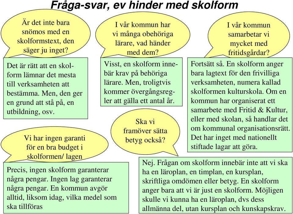 En kommun avgör alltid, liksom idag, vilka medel som ska tillföras I vår kommun har vi många obehöriga lärare, vad händer med dem? Visst, en skolform innebär krav på behöriga lärare.