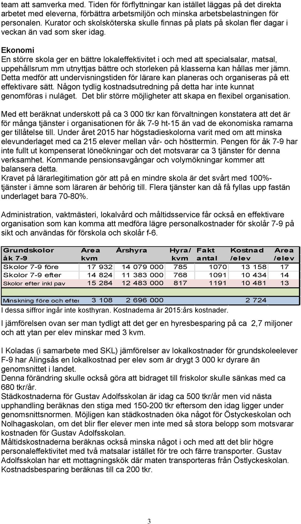 Ekonomi En större skola ger en bättre lokaleffektivitet i och med att specialsalar, matsal, uppehållsrum mm utnyttjas bättre och storleken på klasserna kan hållas mer jämn.