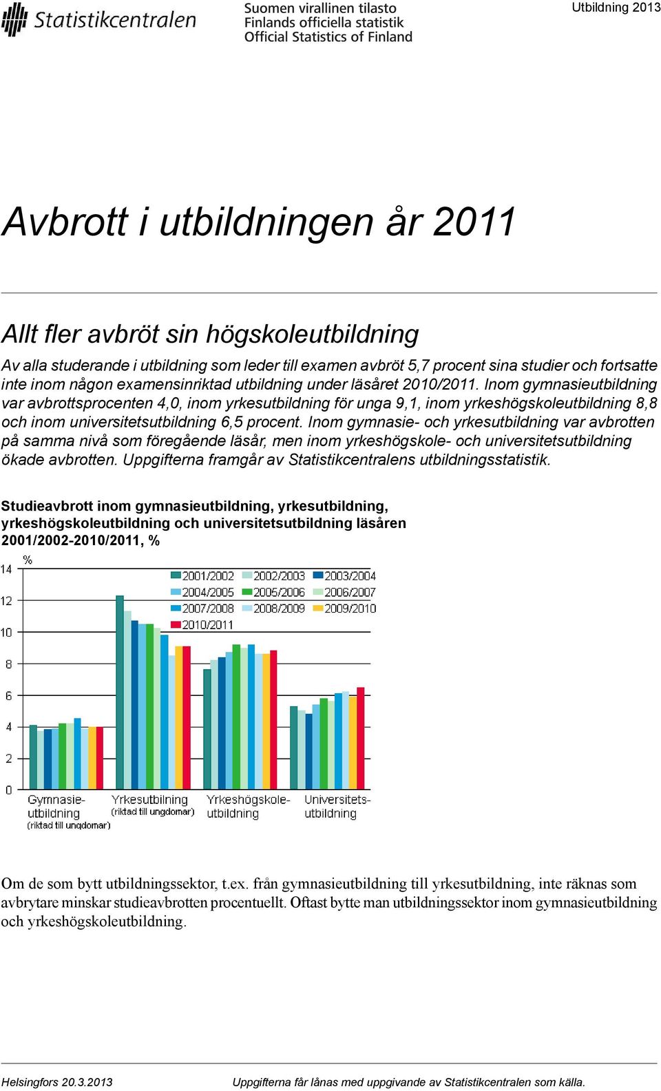 Inom gymnasieutbildning var avbrottsprocenten 4,0, inom yrkesutbildning för unga 9,1, inom yrkeshögskoleutbildning 8,8 och inom universitetsutbildning 6,5 procent.