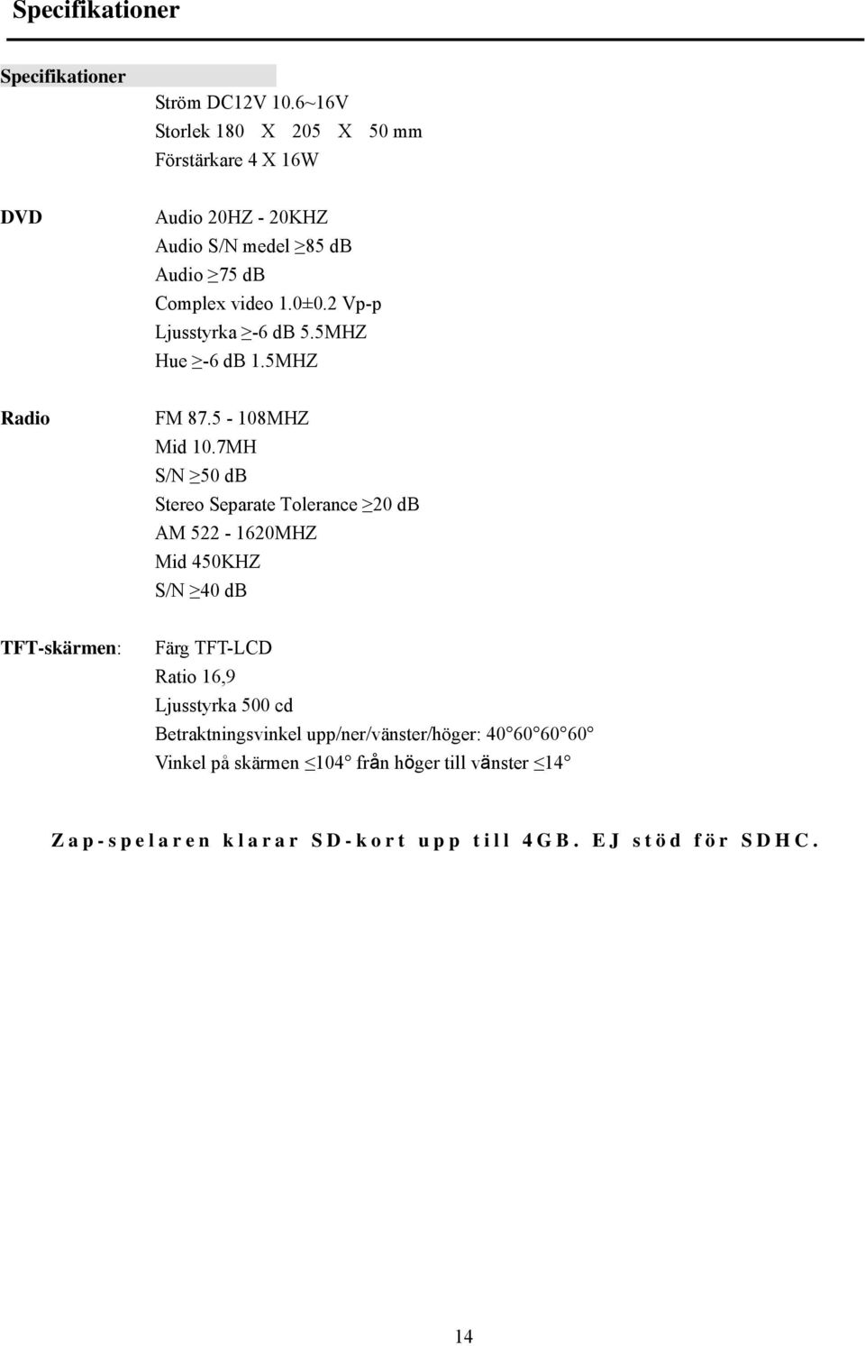 2 Vp-p Ljusstyrka -6 db 5.5MHZ Hue -6 db 1.5MHZ Radio FM 87.5-108MHZ Mid 10.