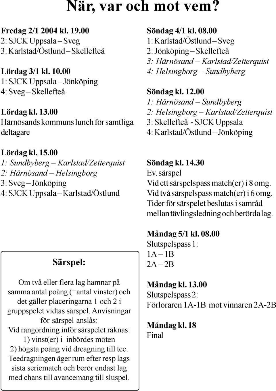 00 1: Sundbyberg Karlstad/Zetterquist 2: Härnösand Helsingborg 3: Sveg Jönköping 4: SJCK Uppsala Karlstad/Östlund Särspel: Om två eller flera lag hamnar på samma antal poäng (=antal vinster) och det