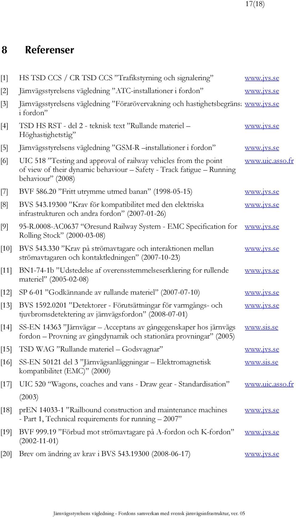 uic.asso.fr [7] BVF 586.20 Fritt utrymme utmed banan (1998-05-15) www.jvs.se [8] BVS 543.19300 Krav för kompatibilitet med den elektriska www.jvs.se infrastrukturen och andra fordon (2007-01-26) [9] 95-R.