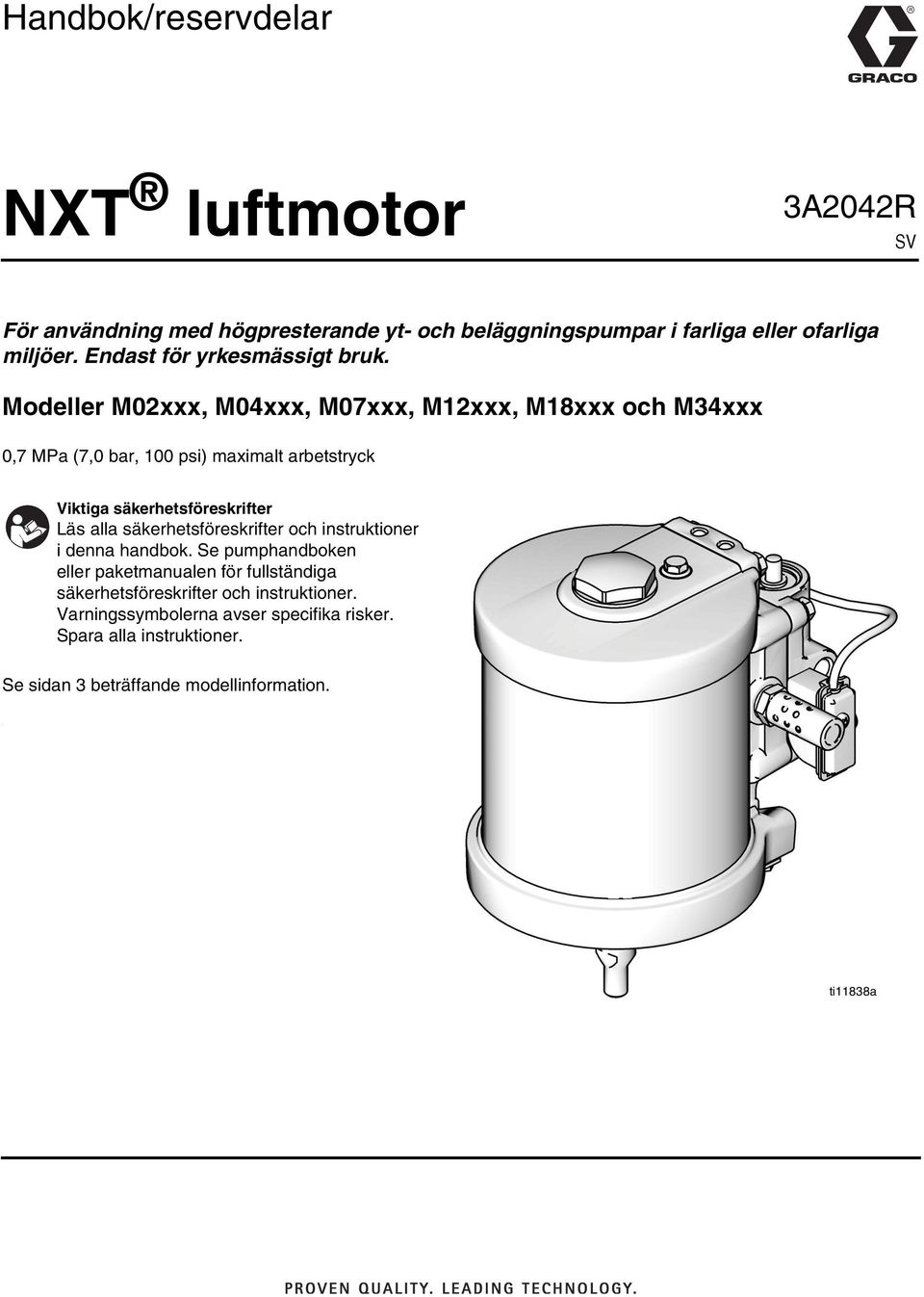 Modeller M02xxx, M04xxx, M07xxx, M12xxx, M18xxx och M34xxx 0,7 MPa (7,0 bar, 100 psi) maximalt arbetstryck Viktiga säkerhetsföreskrifter Läs alla