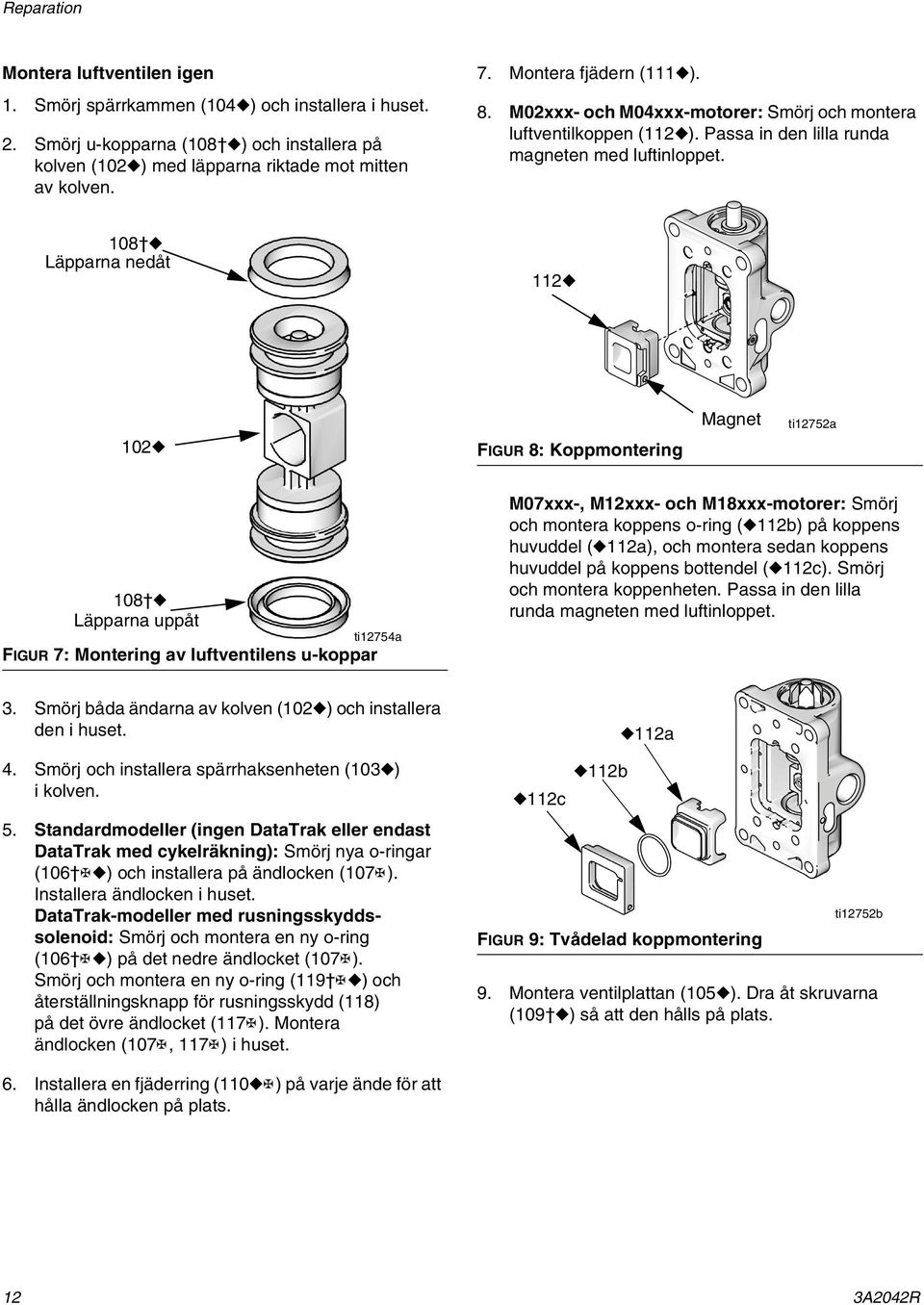 108 Läpparna nedåt 112 102 FIGUR 8: Koppmontering Magnet ti12752a 108 Läpparna uppåt FIGUR 7: Montering av luftventilens u-koppar ti12754a M07xxx-, M12xxx- och M18xxx-motorer: Smörj och montera