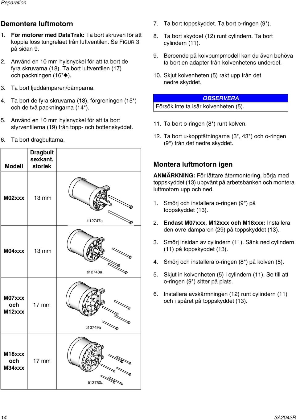 Ta bort de fyra skruvarna (18), förgreningen (15*) och de två packningarna (14*). 5. Använd en 10 mm hylsnyckel för att ta bort styrventilerna (19) från topp- och bottenskyddet. 6.