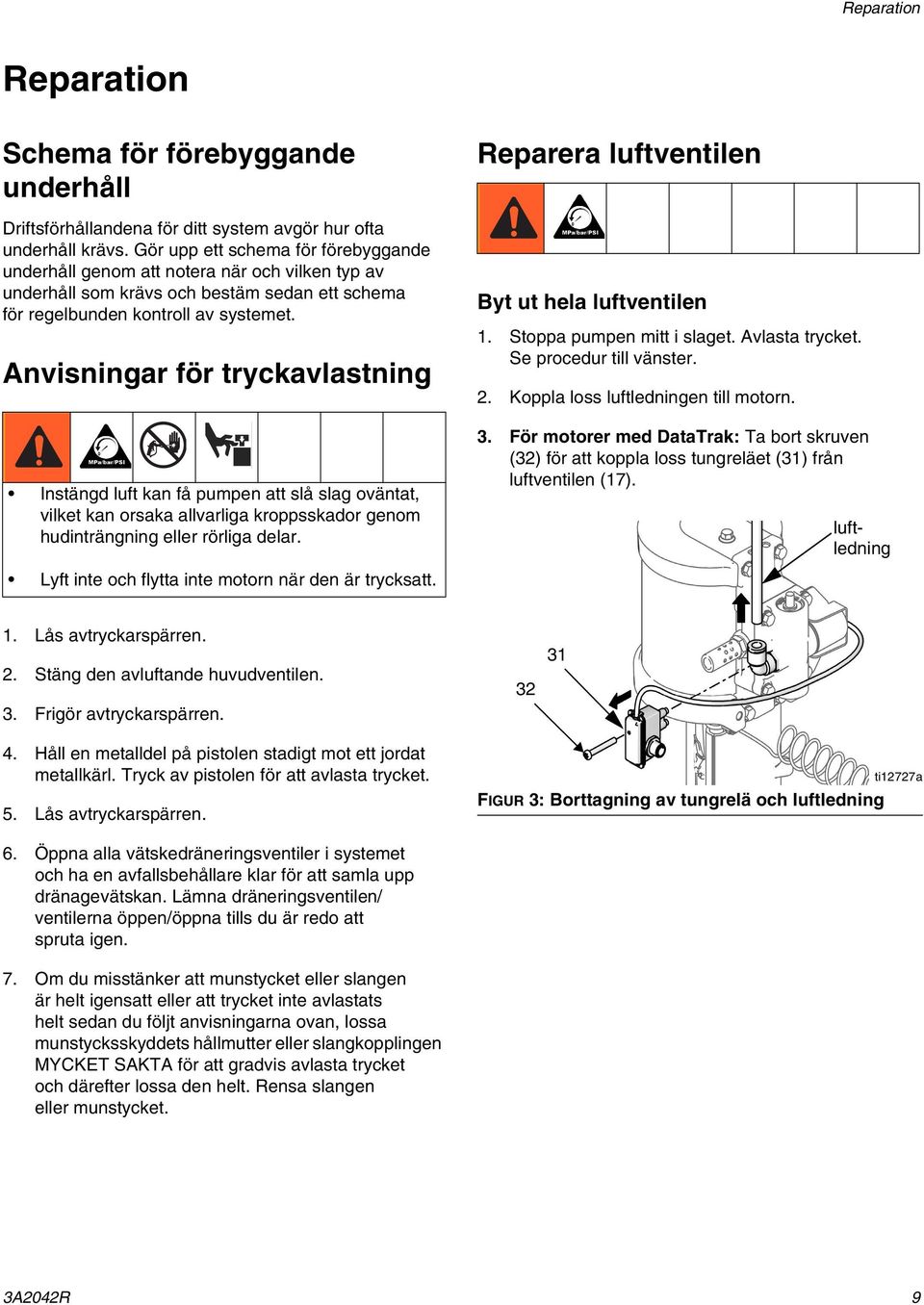 Anvisningar för tryckavlastning Instängd luft kan få pumpen att slå slag oväntat, vilket kan orsaka allvarliga kroppsskador genom hudinträngning eller rörliga delar.