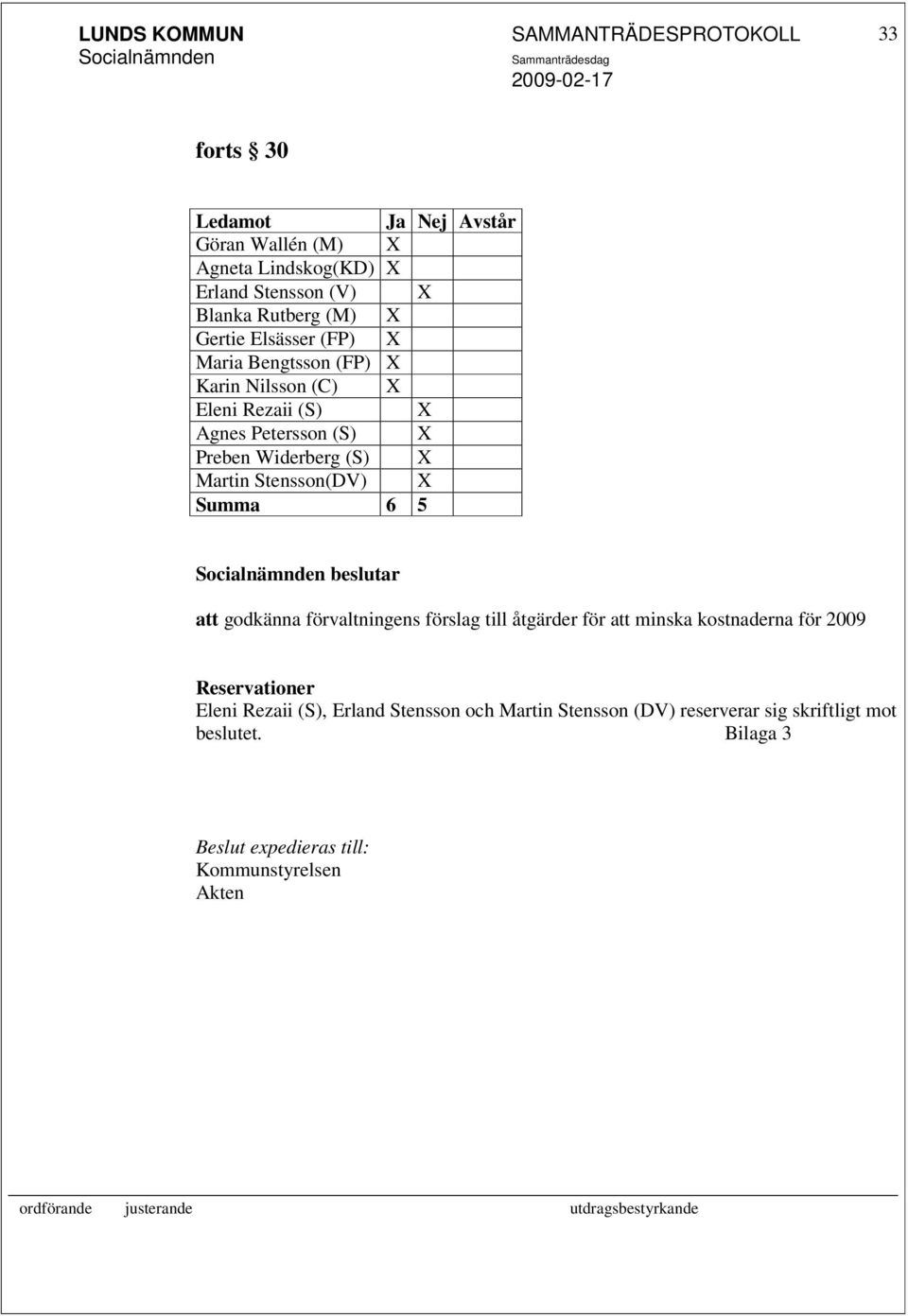 Martin Stensson(DV) X Summa 6 5 beslutar att godkänna förvaltningens förslag till åtgärder för att minska kostnaderna för 2009