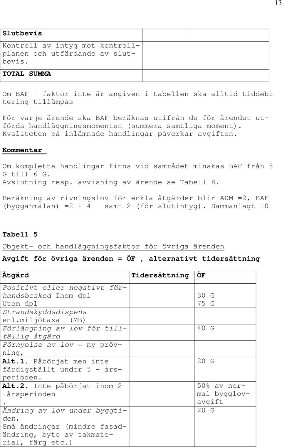 moment). Kvaliteten på inlämnade handlingar påverkar avgiften. Kommentar Om kompletta handlingar finns vid samrådet minskas BAF från 8 G till 6 G. Avslutning resp. avvisning av ärende se Tabell 8.