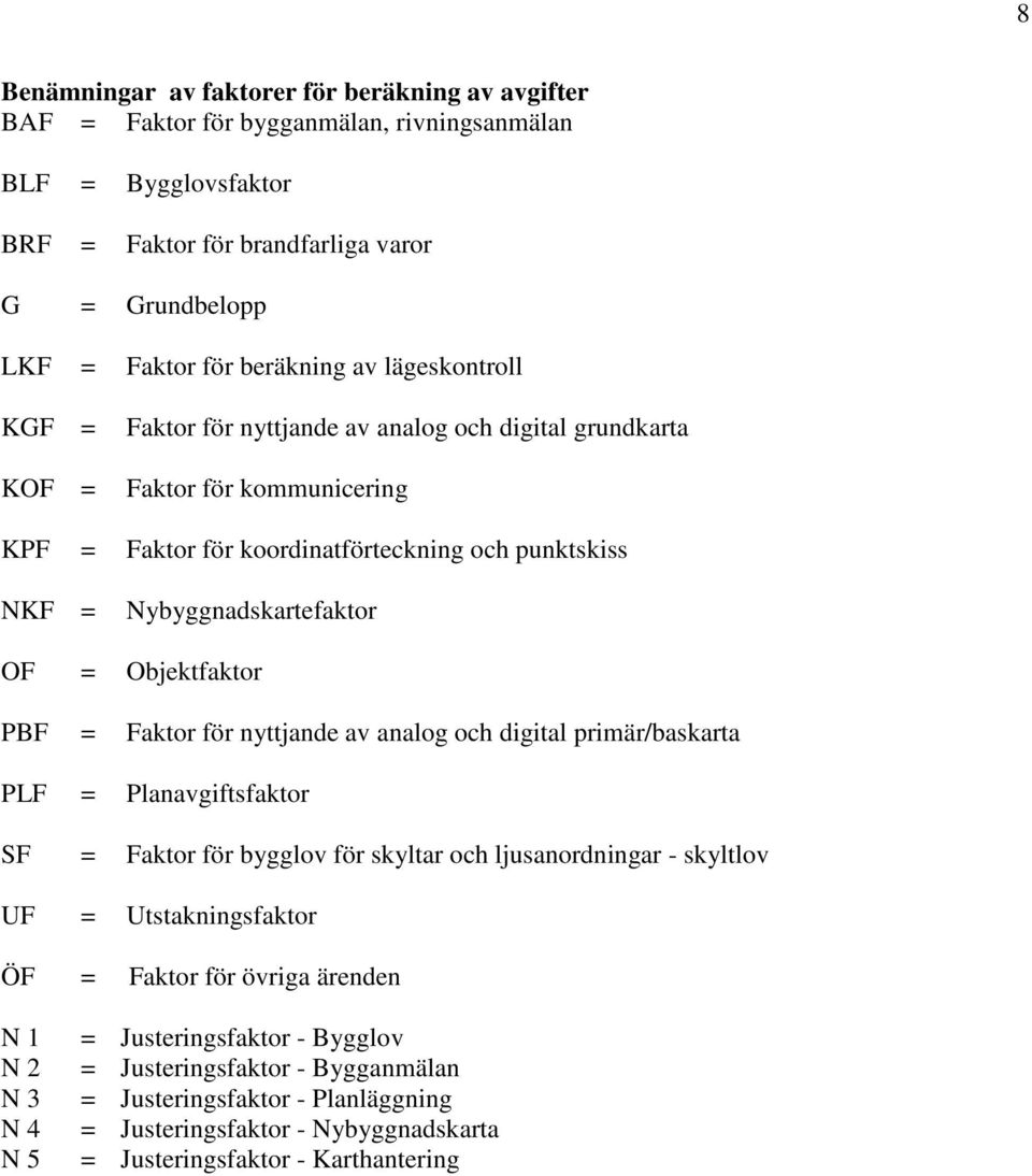 Objektfaktor PBF = Faktor för nyttjande av analog och digital primär/baskarta PLF = Planavgiftsfaktor SF = Faktor för bygglov för skyltar och ljusanordningar - skyltlov UF = Utstakningsfaktor ÖF =