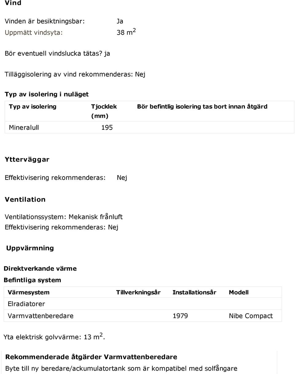 Ytterväggar Effektivisering rekommenderas: Nej Ventilation Ventilationssystem: Mekanisk frånluft Effektivisering rekommenderas: Nej Uppvärmning Direktverkande värme