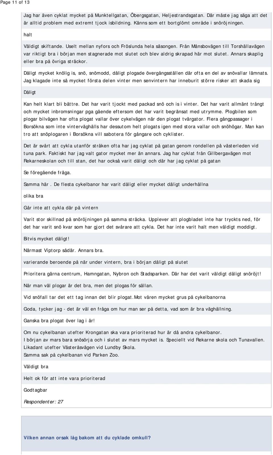 Från Månsbovägen till Torshällavägen var riktigt bra i början men stagnerade mot slutet och blev aldrig skrapad här mot slutet. Annars skaplig eller bra på övriga sträckor.