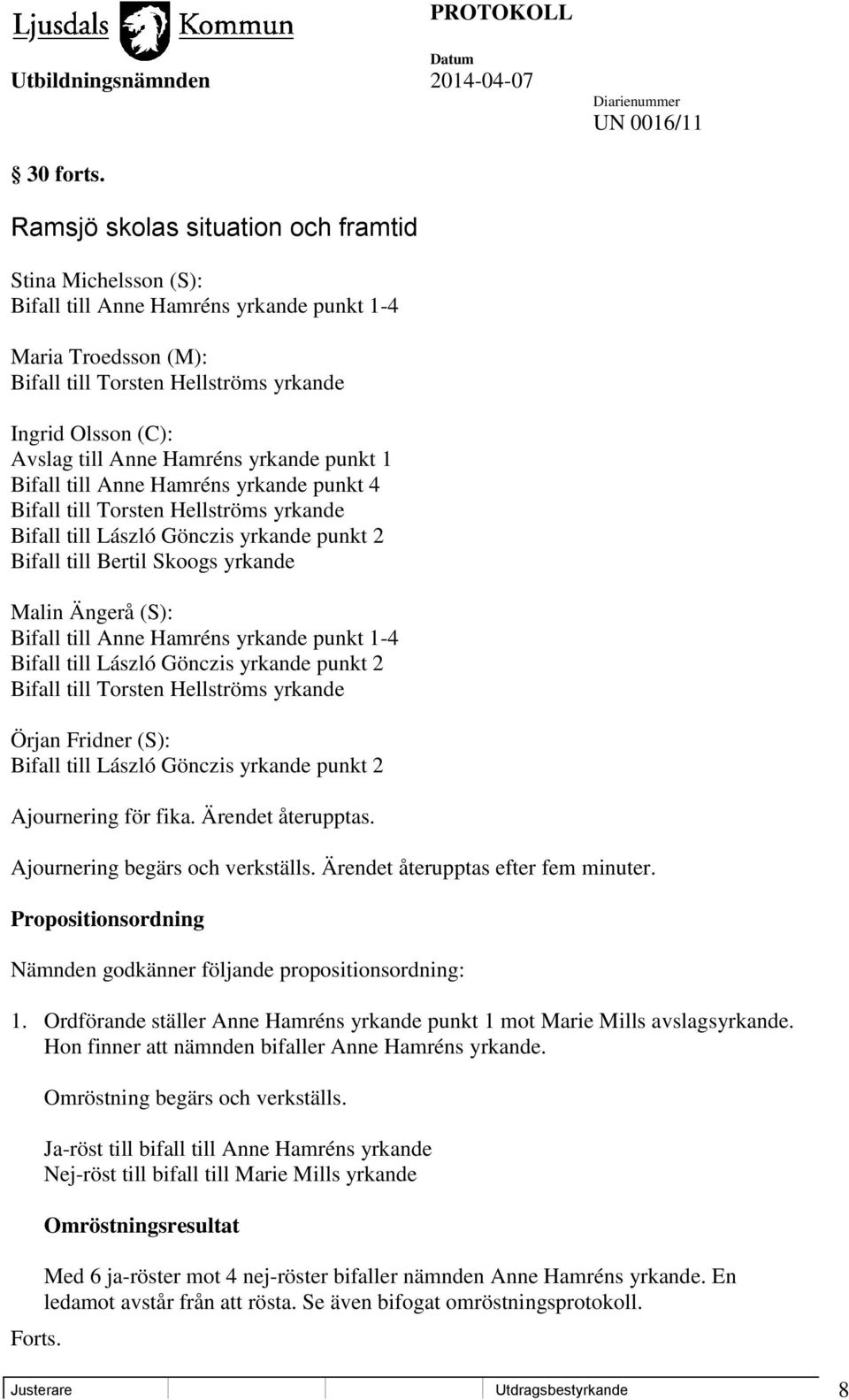 Hamréns yrkande punkt 1 Bifall till Anne Hamréns yrkande punkt 4 Bifall till Torsten Hellströms yrkande Bifall till László Gönczis yrkande punkt 2 Bifall till Bertil Skoogs yrkande Malin Ängerå (S):