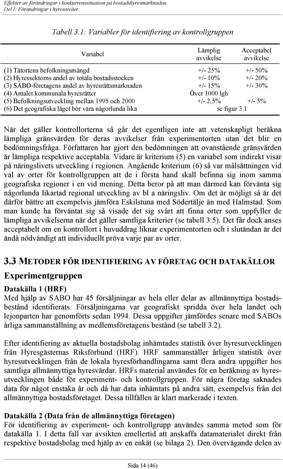 10% +/- 20% (3) SABO-företagens andel av hyresrättsmarknaden +/- 15% +/- 30% (4) Antalet kommunala hyresrätter Över 1000 lgh (5) Befolkningsutveckling mellan 1995 och 2000 +/- 2,5% +/- 5% (6) Det