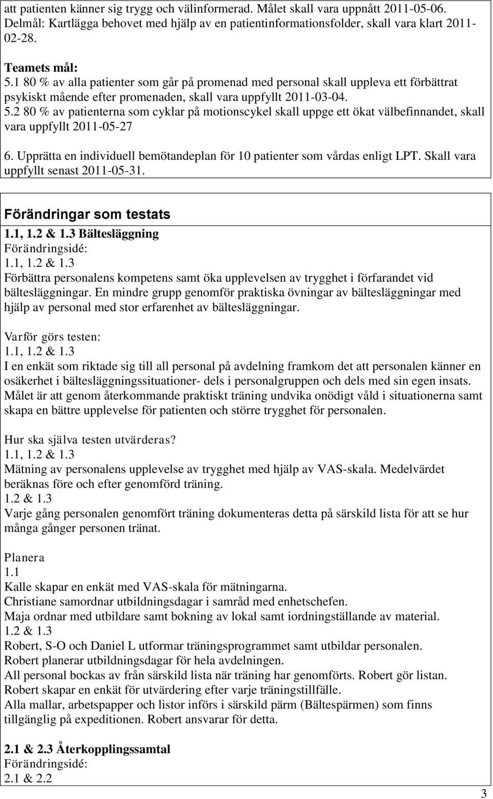 2 80 % av patienterna som cyklar på motionscykel skall uppge ett ökat välbefinnandet, skall vara uppfyllt 2011-05-27 6. Upprätta en individuell bemötandeplan för 10 patienter som vårdas enligt LPT.