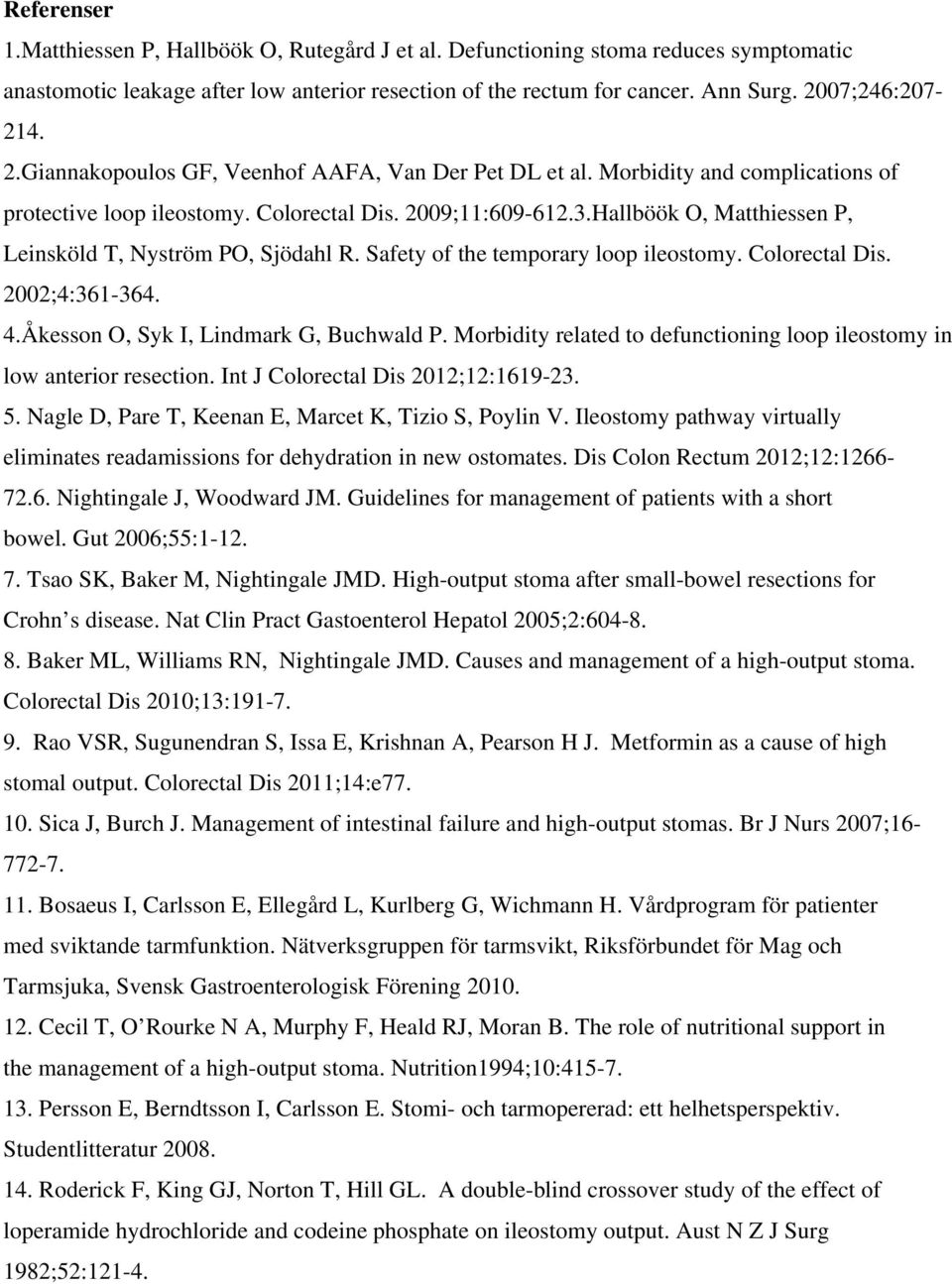 Hallböök O, Matthiessen P, Leinsköld T, Nyström PO, Sjödahl R. Safety of the temporary loop ileostomy. Colorectal Dis. 2002;4:361-364. 4.Åkesson O, Syk I, Lindmark G, Buchwald P.