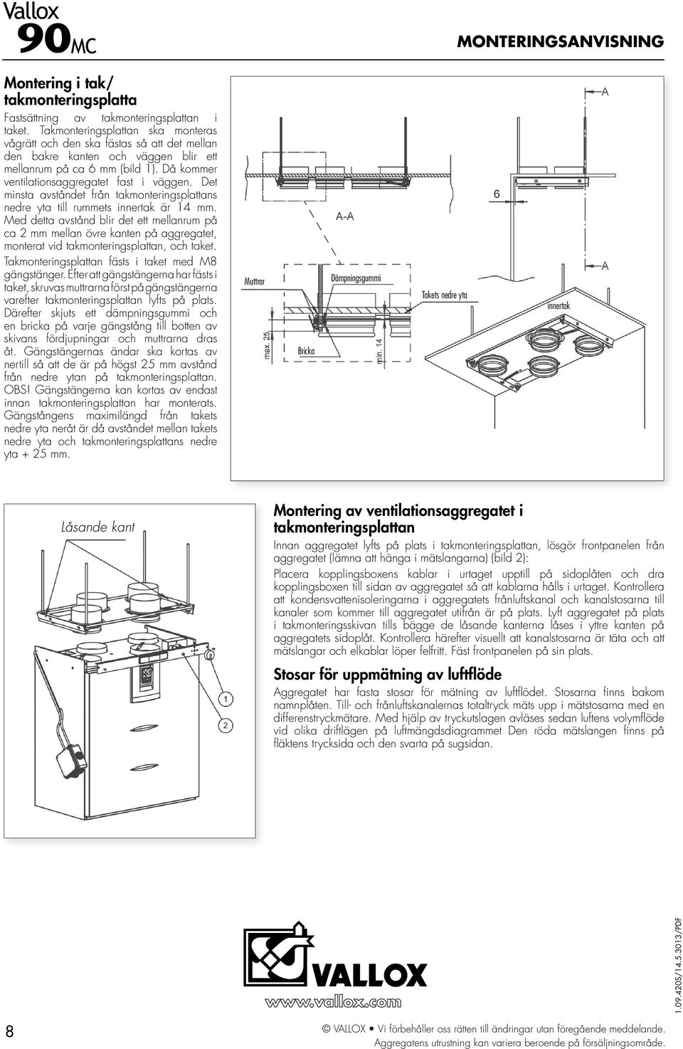 Det minsta avståndet från takmonteringsplattans nedre yta till rummets innertak är 14 mm.