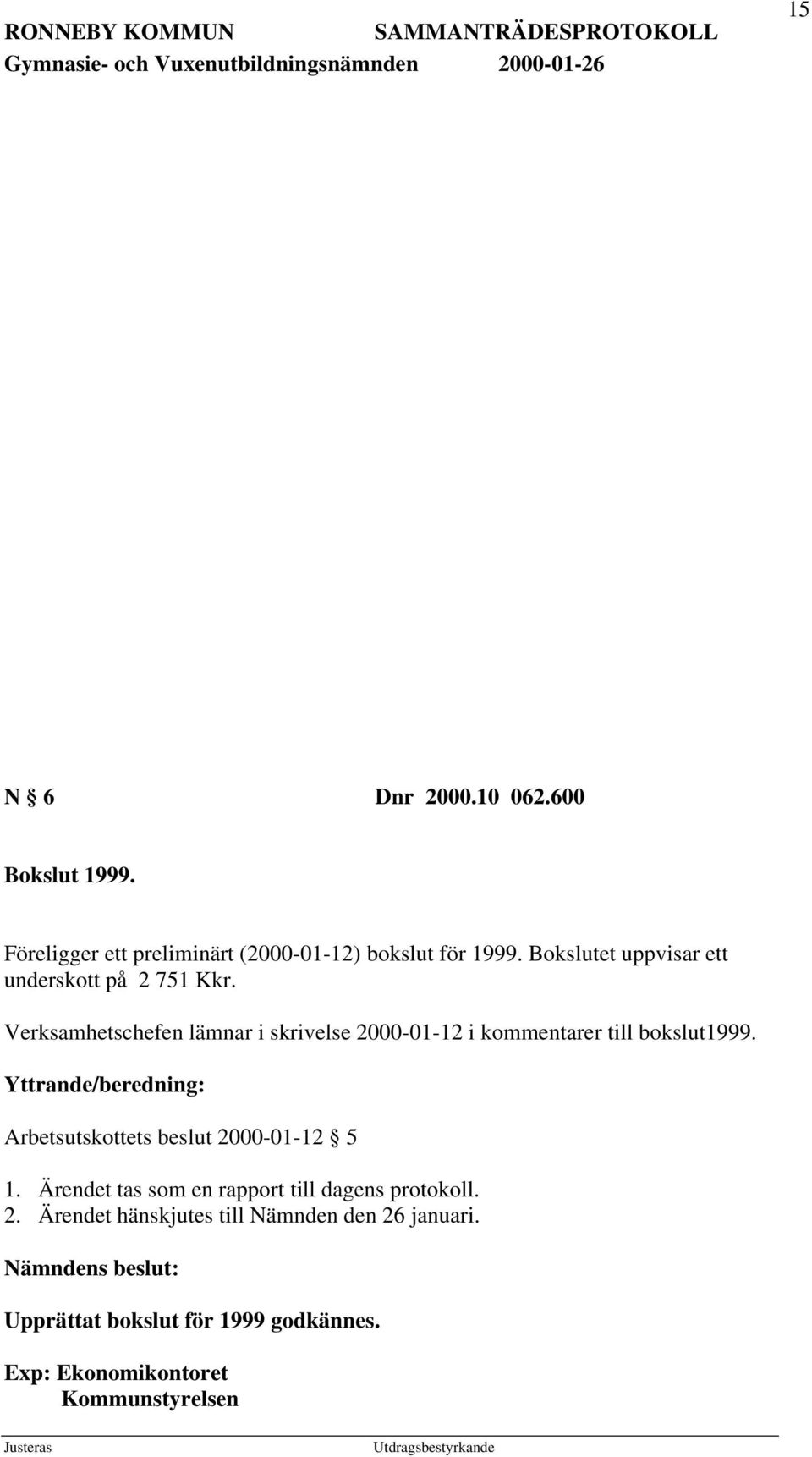 Verksamhetschefen lämnar i skrivelse 2000-01-12 i kommentarer till bokslut1999.