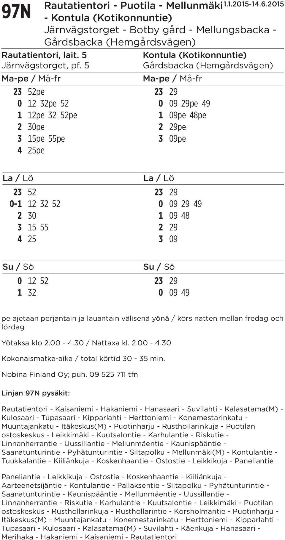 30 1 09 48 3 15 55 2 29 4 25 3 09 0 12 52 23 29 1 32 0 09 49 pe ajetaan perjantain ja lauantain välisenä yönä / körs natten mellan fredag och lördag Yötaksa klo 2.00-4.