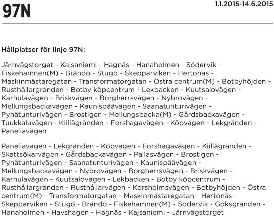 Östra centrum(m) - Botbyhöjden - Rusthållargränden - Botby köpcentrum - Lekbacken - Kuutsalovägen - Karhulavägen - Briskvägen - Borgherrsvägen - Nybrovägen - Mellungsbackavägen - Kaunispäävägen -