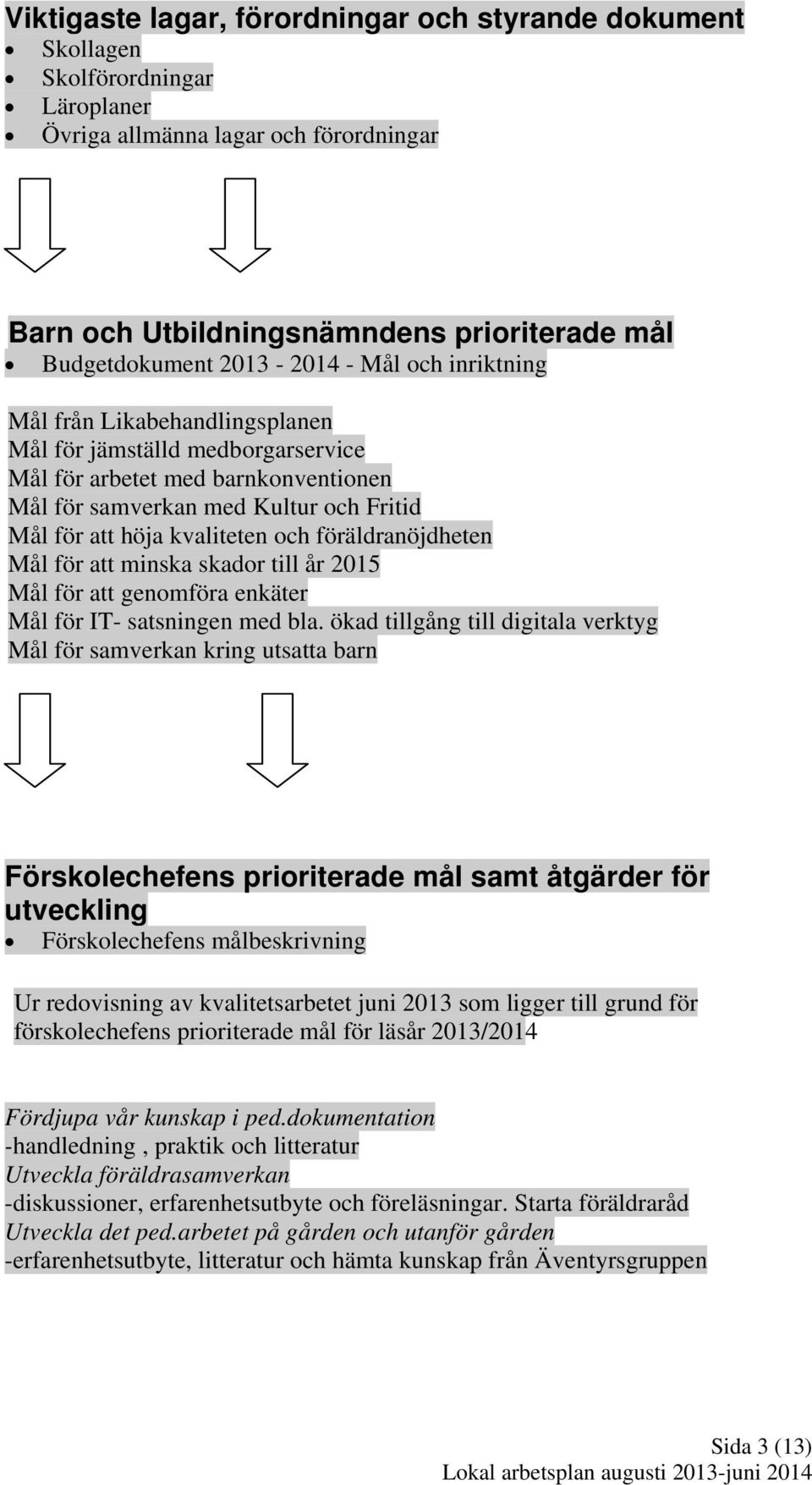 kvaliteten och föräldranöjdheten Mål för att minska skador till år 2015 Mål för att genomföra enkäter Mål för IT- satsningen med bla.