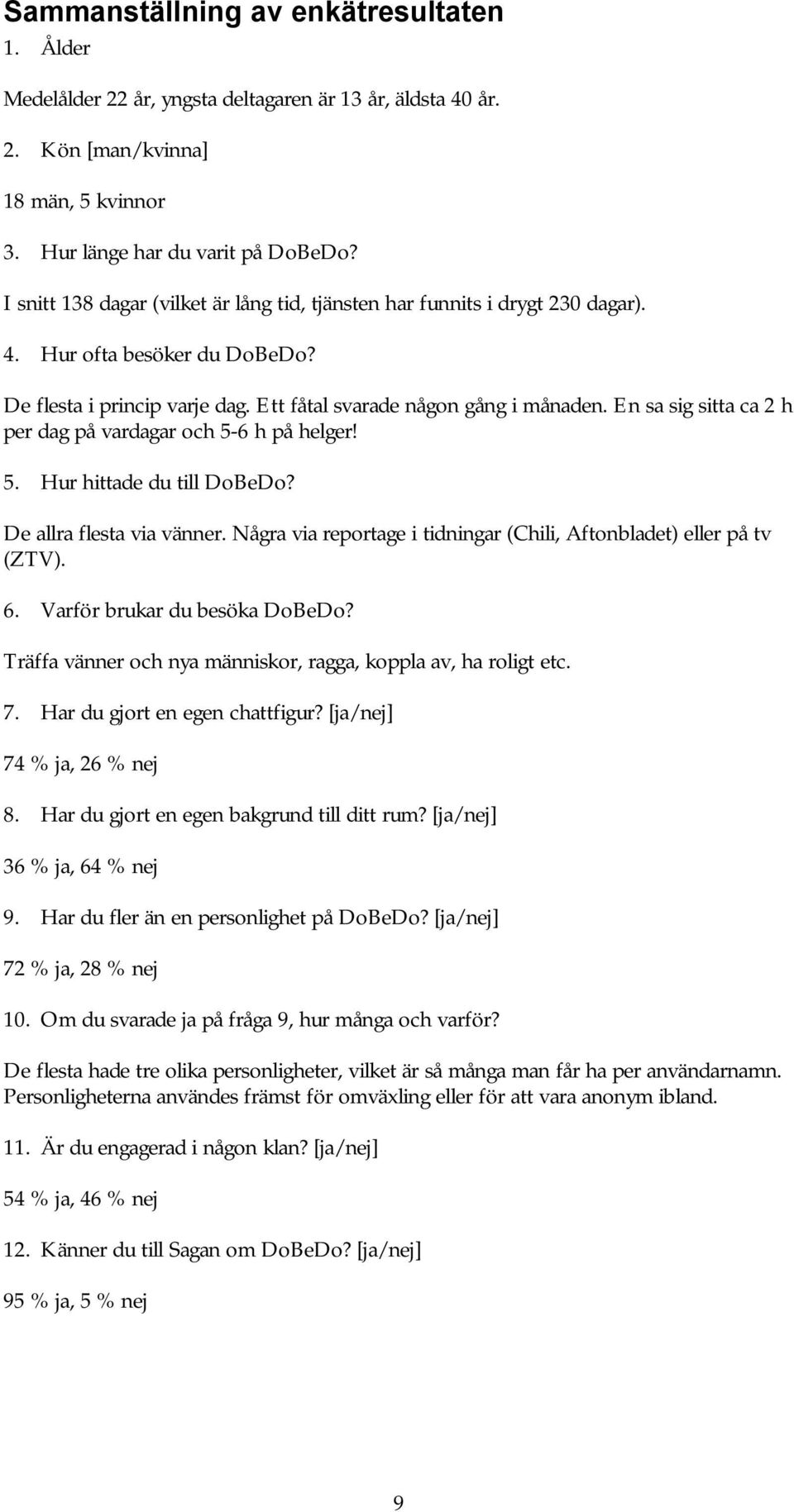 En sa sig sitta ca 2 h per dag på vardagar och 5-6 h på helger! 5. Hur hittade du till DoBeDo? De allra flesta via vänner. Några via reportage i tidningar (Chili, Aftonbladet) eller på tv (ZTV). 6.