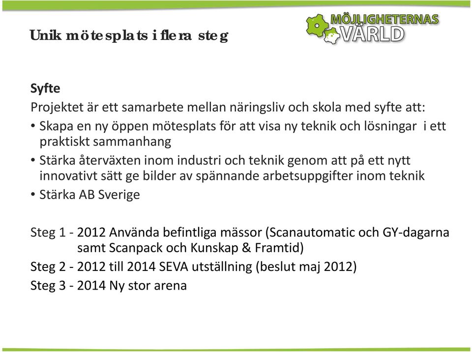 innovativt sätt ge bilder av spännande arbetsuppgifter inom teknik Stärka AB Sverige Steg 1 2012 Använda befintliga mässor