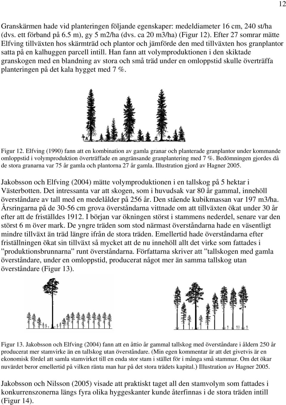 Han fann att volymproduktionen i den skiktade granskogen med en blandning av stora och små träd under en omloppstid skulle överträffa planteringen på det kala hygget med 7 %. Figur 12.