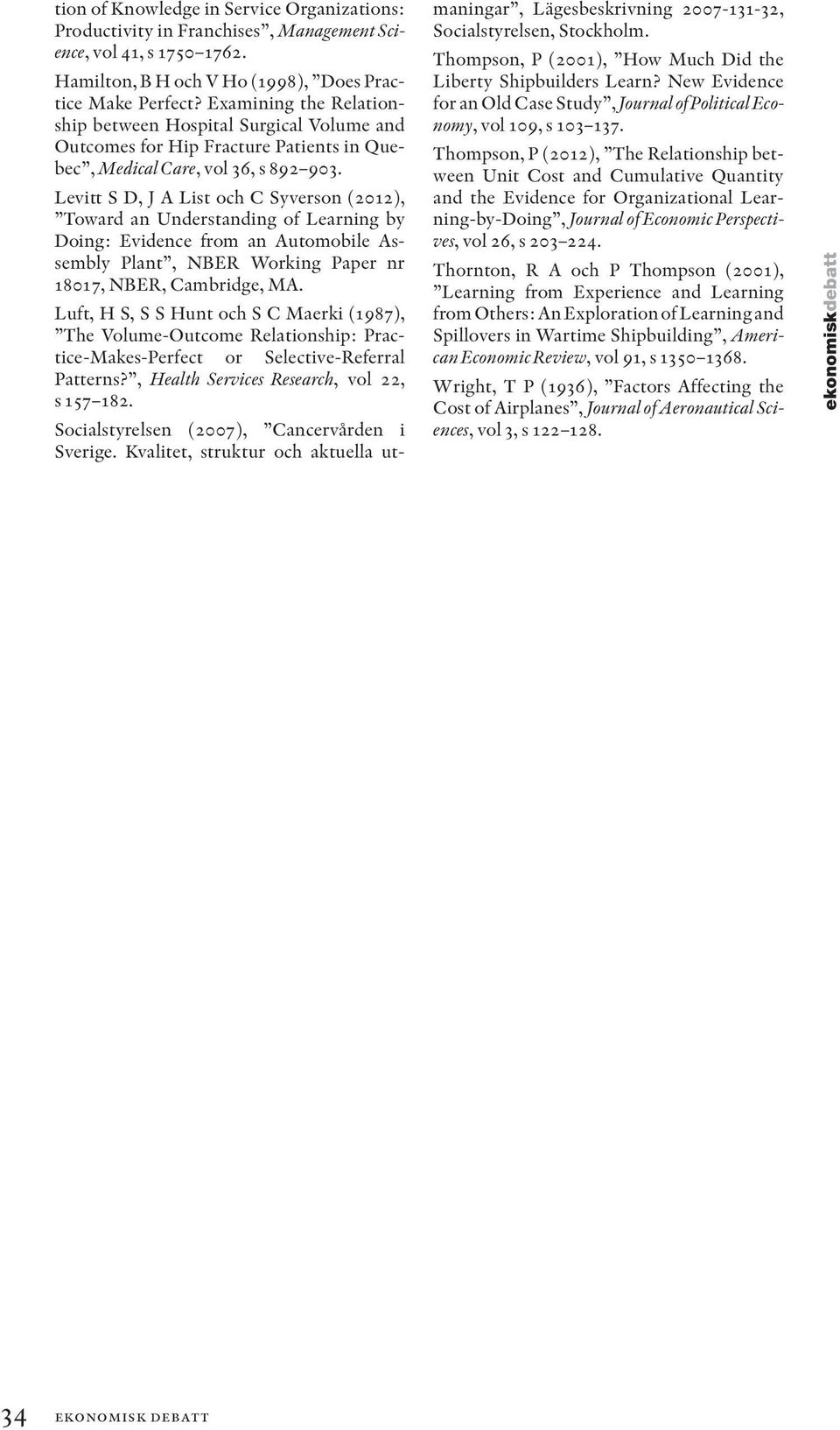 Levitt S D, J A List och C Syverson (2012), Toward an Understanding of Learning by Doing: Evidence from an Automobile Assembly Plant, NBER Working Paper nr 18017, NBER, Cambridge, MA.