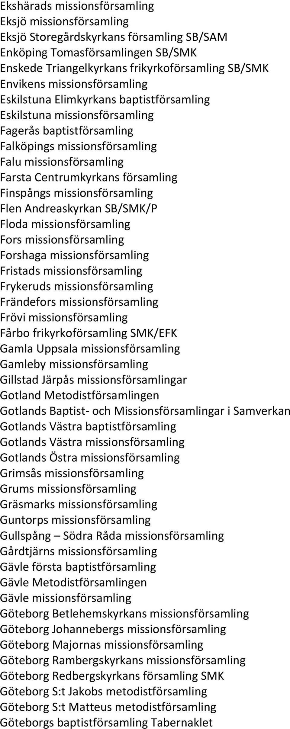 församling Finspångs missionsförsamling Flen Andreaskyrkan SB/SMK/P Floda missionsförsamling Fors missionsförsamling Forshaga missionsförsamling Fristads missionsförsamling Frykeruds