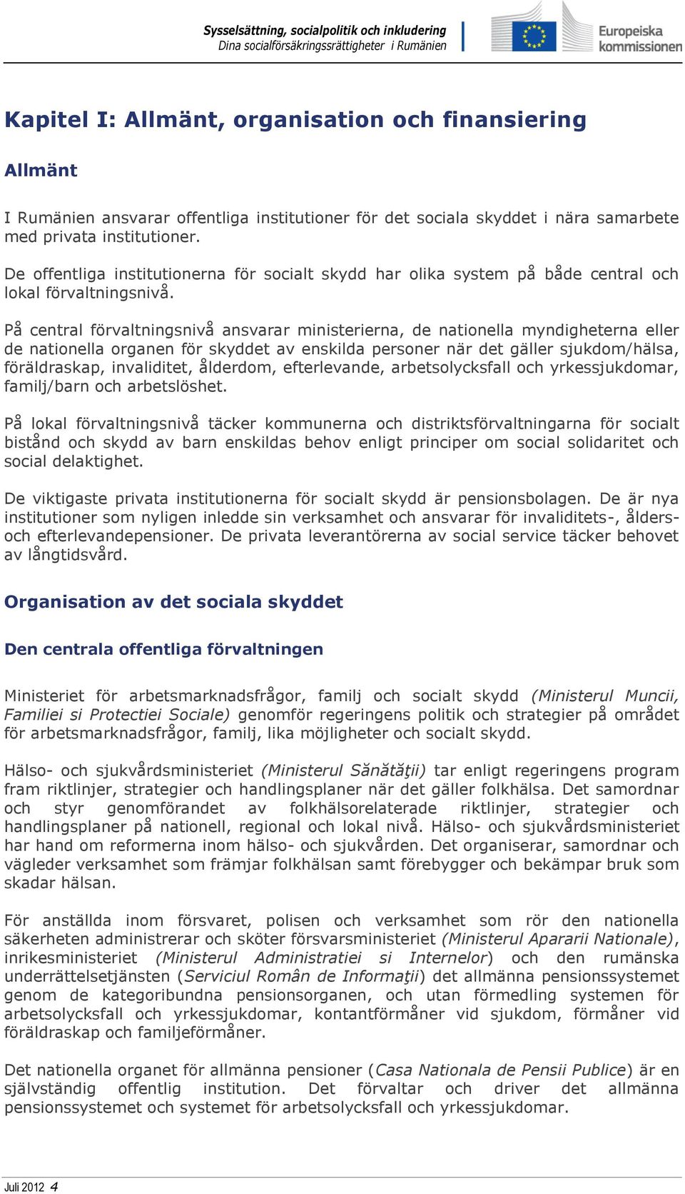 På central förvaltningsnivå ansvarar ministerierna, de nationella myndigheterna eller de nationella organen för skyddet av enskilda personer när det gäller sjukdom/hälsa, föräldraskap, invaliditet,