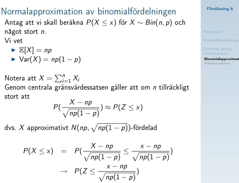 Vi vet E[X ] = np Var(X ) = np(1 p) Notera att X = n X i Genom centrala gränsvärdessatsen