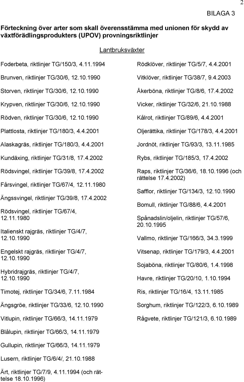 4.2001 Alaskagräs, riktlinjer TG/180/3, 4.4.2001 Kundäxing, riktlinjer TG/31/8, 17.4.2002 Rödsvingel, riktlinjer TG/39/8, 17.4.2002 Fårsvingel, riktlinjer TG/67/4, 12.11.