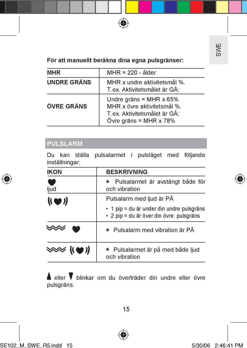 Aktivitetsmålet är GÅ: Övre gräns = MHR x 78% PULSLARM Du kan ställa pulsalarmet i pulsläget med följande inställningar: IKON ljud BESKRIVNING * Pulsalarmet är avstängt både