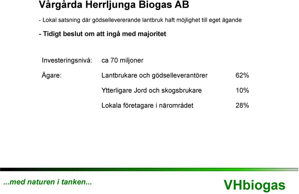 majoritet Investeringsnivå: ca 70 miljoner Ägare: Lantbrukare och