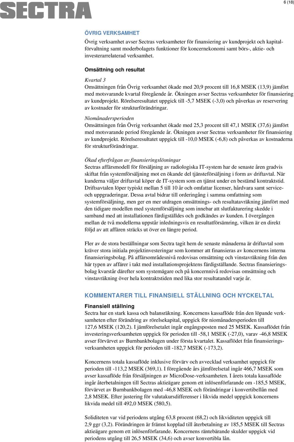 Ökningen avser Sectras verksamheter för finansiering av kundprojekt. Rörelseresultatet uppgick till -5,7 MSEK (-3,0) och påverkas av reservering av kostnader för strukturförändringar.