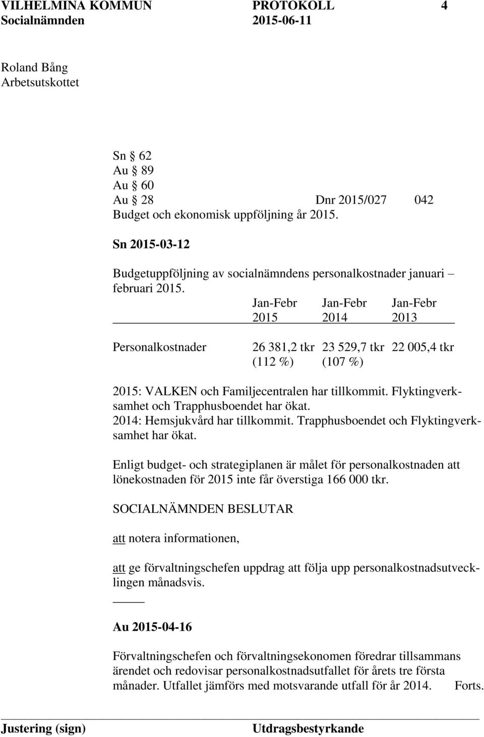 Jan-Febr Jan-Febr Jan-Febr 2015 2014 2013 Personalkostnader 26 381,2 tkr 23 529,7 tkr 22 005,4 tkr (112 %) (107 %) 2015: VALKEN och Familjecentralen har tillkommit.