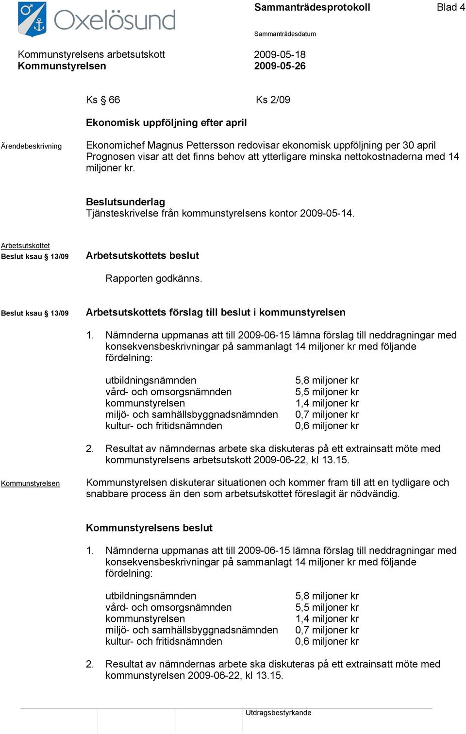 Arbetsutskottet Beslut ksau 13/09 Arbetsutskottets beslut Rapporten godkänns. Beslut ksau 13/09 Arbetsutskottets förslag till beslut i kommunstyrelsen 1.